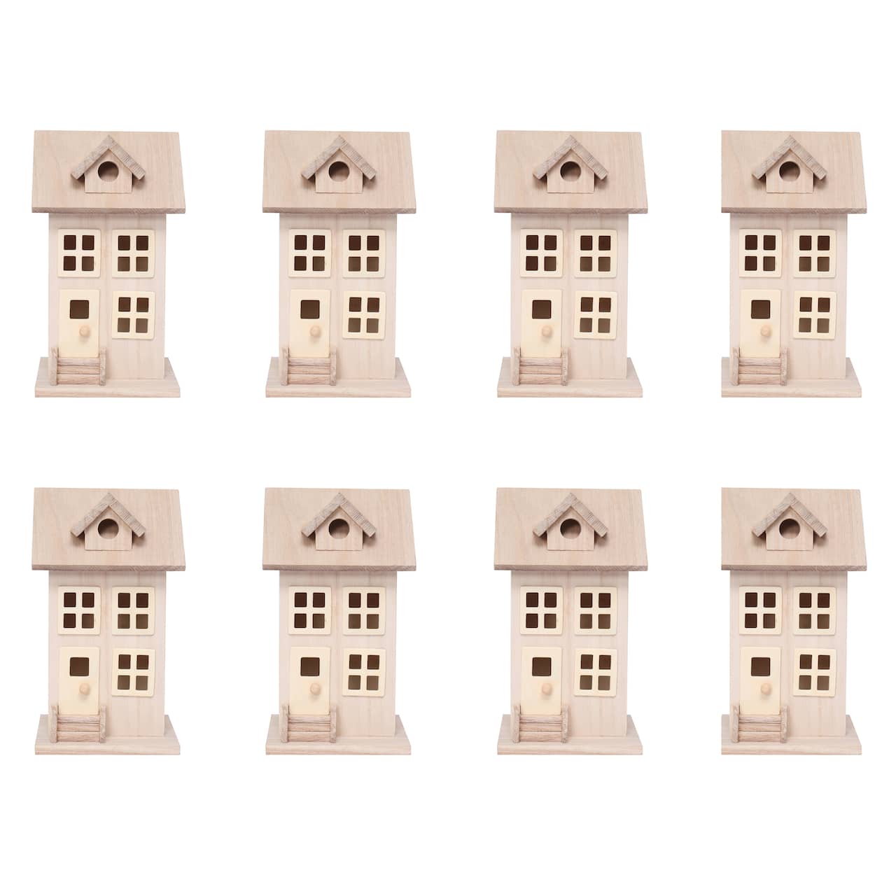 8 Pack: 7.5" Unfinished Wood Townhouse Birdhouse by Make Market®